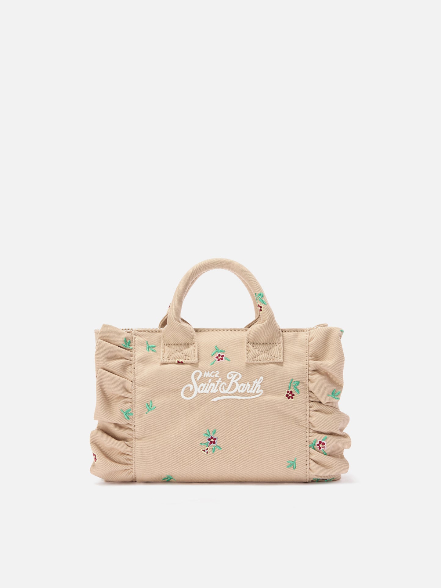 Borsa Vanity mini volant in denim beige con fiori ricamati