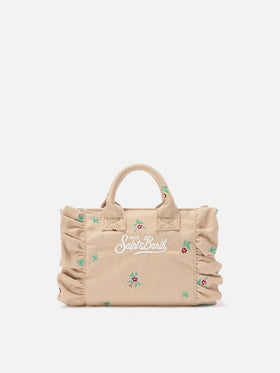 Borsa Vanity mini volant in denim beige con fiori ricamati