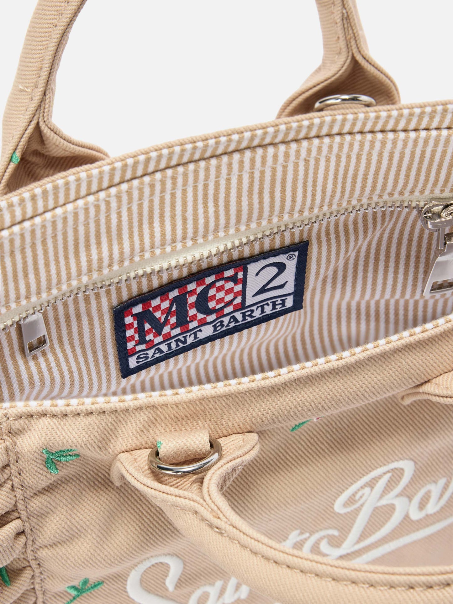 Borsa Vanity mini volant in denim beige con fiori ricamati