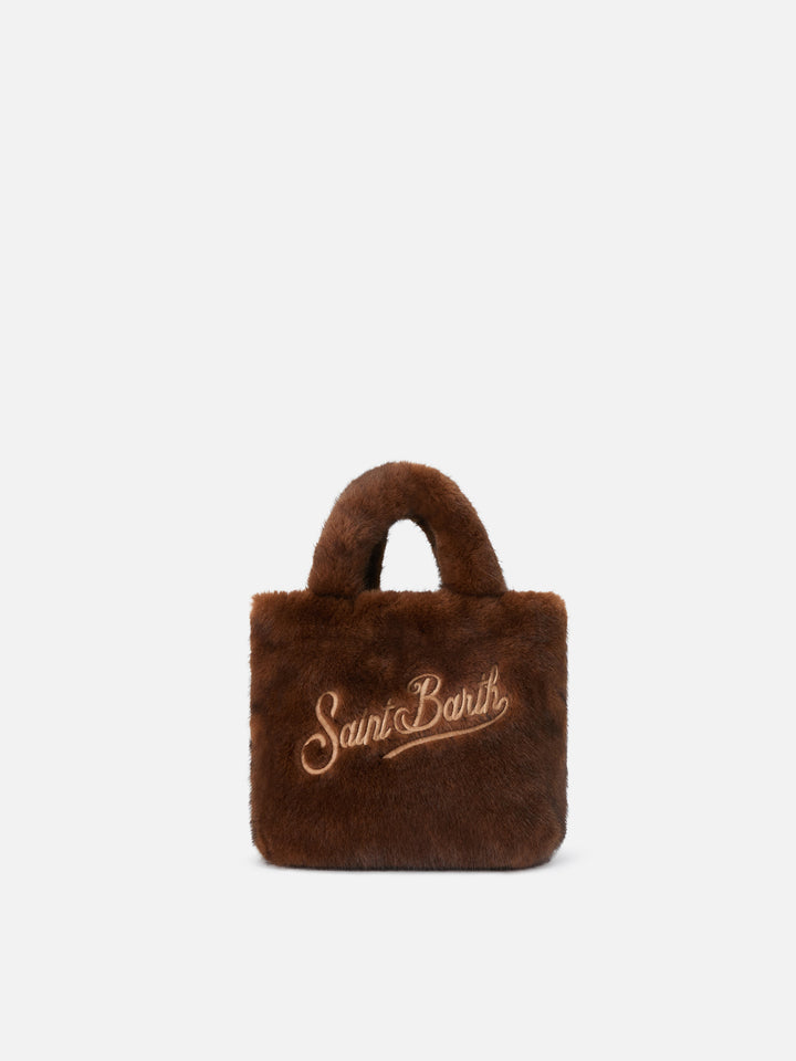Brown Mini Vanity Soft bag in faux fur with logo embroidery