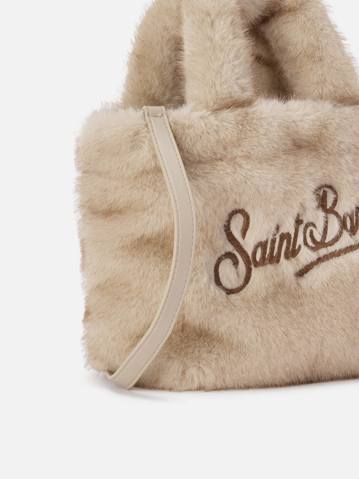 Beige Mini Vanity Soft bag in faux fur with logo embroidery