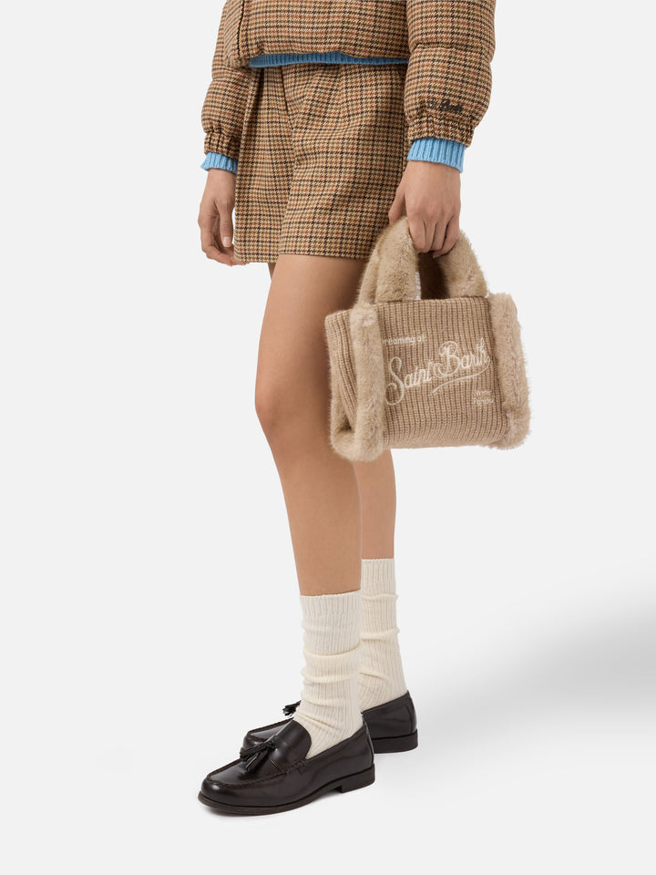 Vanity Mini Shearling Rib Handbag in beige ribbed wool blend with shearling