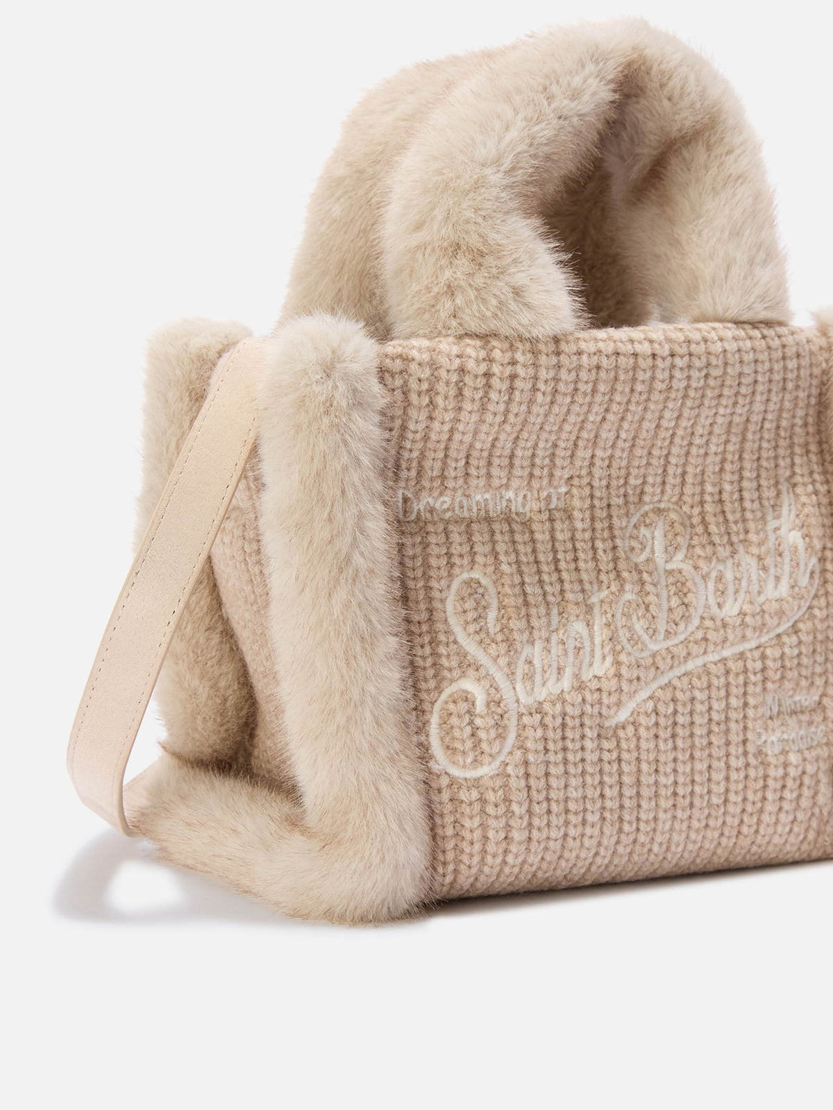 Mini bolso Vanity beige en faux shearling acanalado con asas de piel sintética 