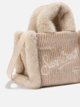 Mini bolso Vanity beige en faux shearling acanalado con asas de piel sintética 