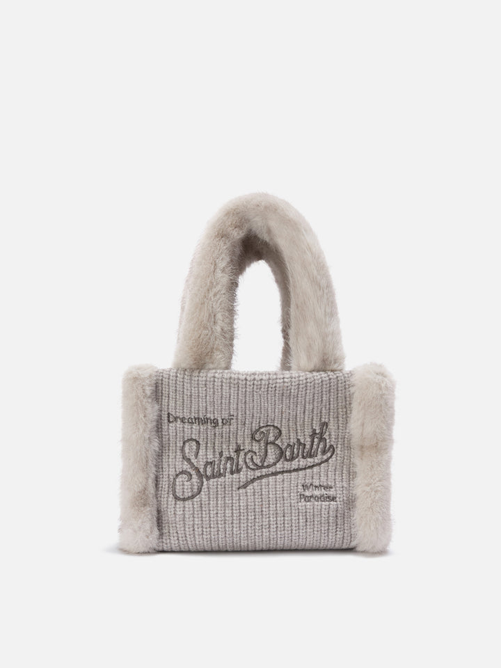 Mini bolso vanity gris en borreguillo sintético acanalado con asas de pelo sintético 