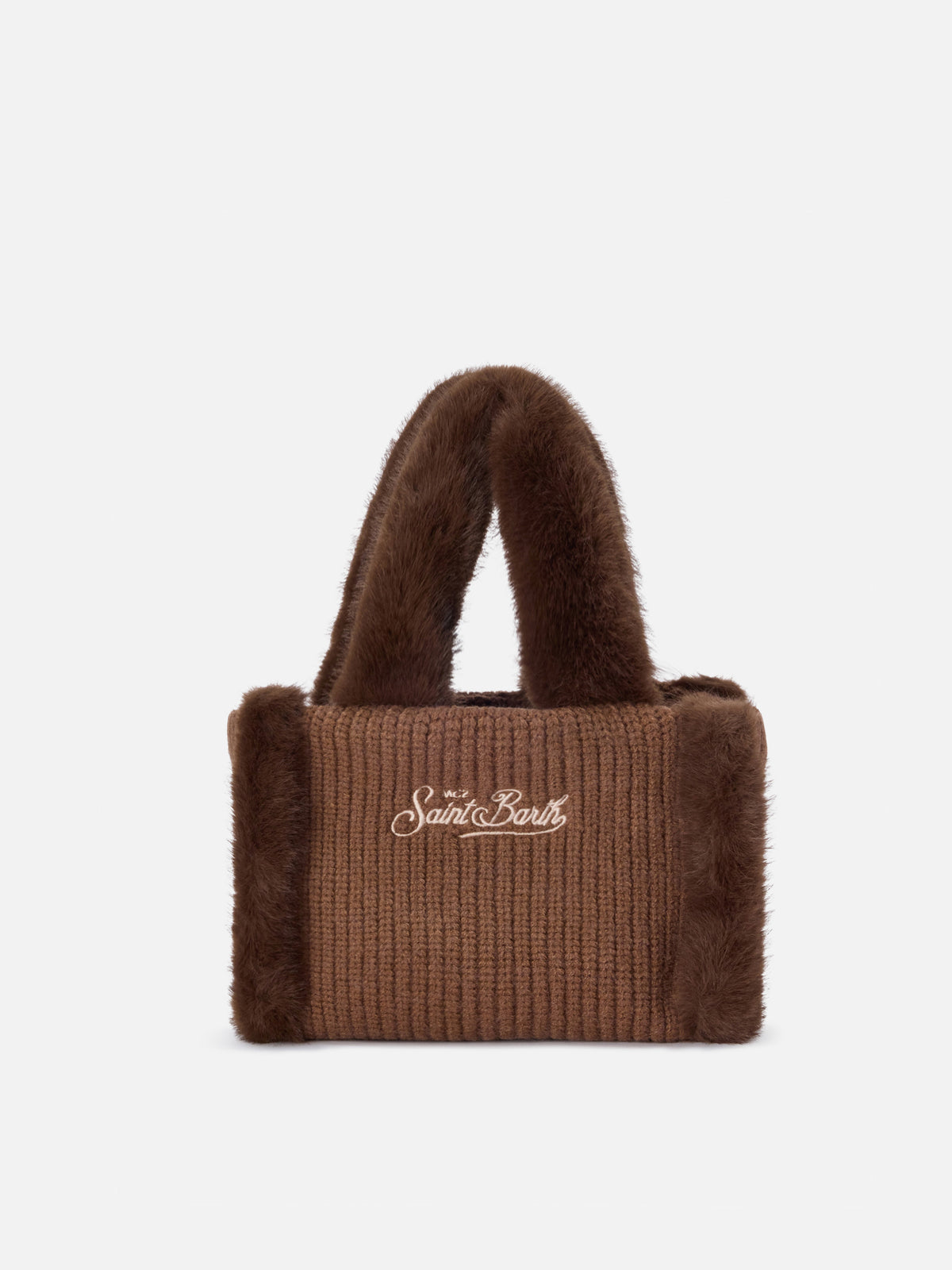 Mini Vanity bag marrón en borreguillo sintético acanalado con asas de pelo sintético 