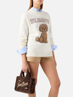 Braune Mini-Vanity-Bag aus Teddy-Stoff mit Leopardenprint 