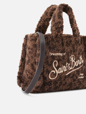 Mini Vanity bag marron en tissu teddy avec imprimé léopard 