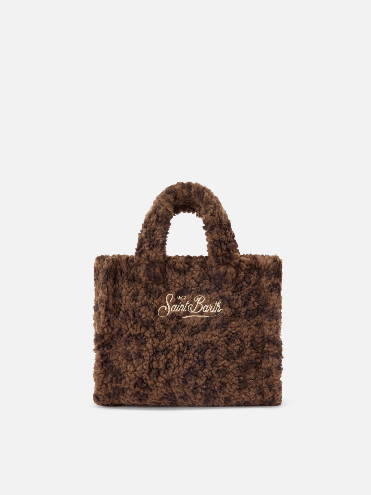Mini Vanity bag marron en tissu teddy avec imprimé léopard 