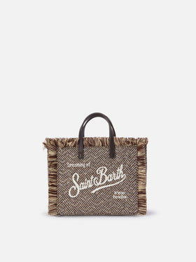 Mehrfarbige Mini-Vanity-Bag aus Wollmischung mit Fischgrätmuster und Strasssteinen 