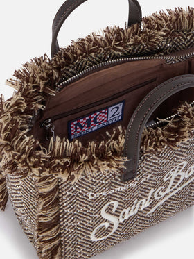 Mehrfarbige Mini-Vanity-Bag aus Wollmischung mit Fischgrätmuster und Strasssteinen 