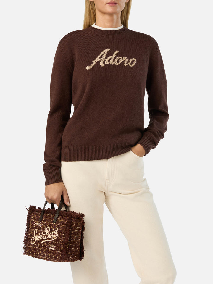 Mini Vanity bag marron en tweed avec logo brodé 