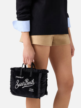 Mini Vanity bag negra en terciopelo con bordado del logo 