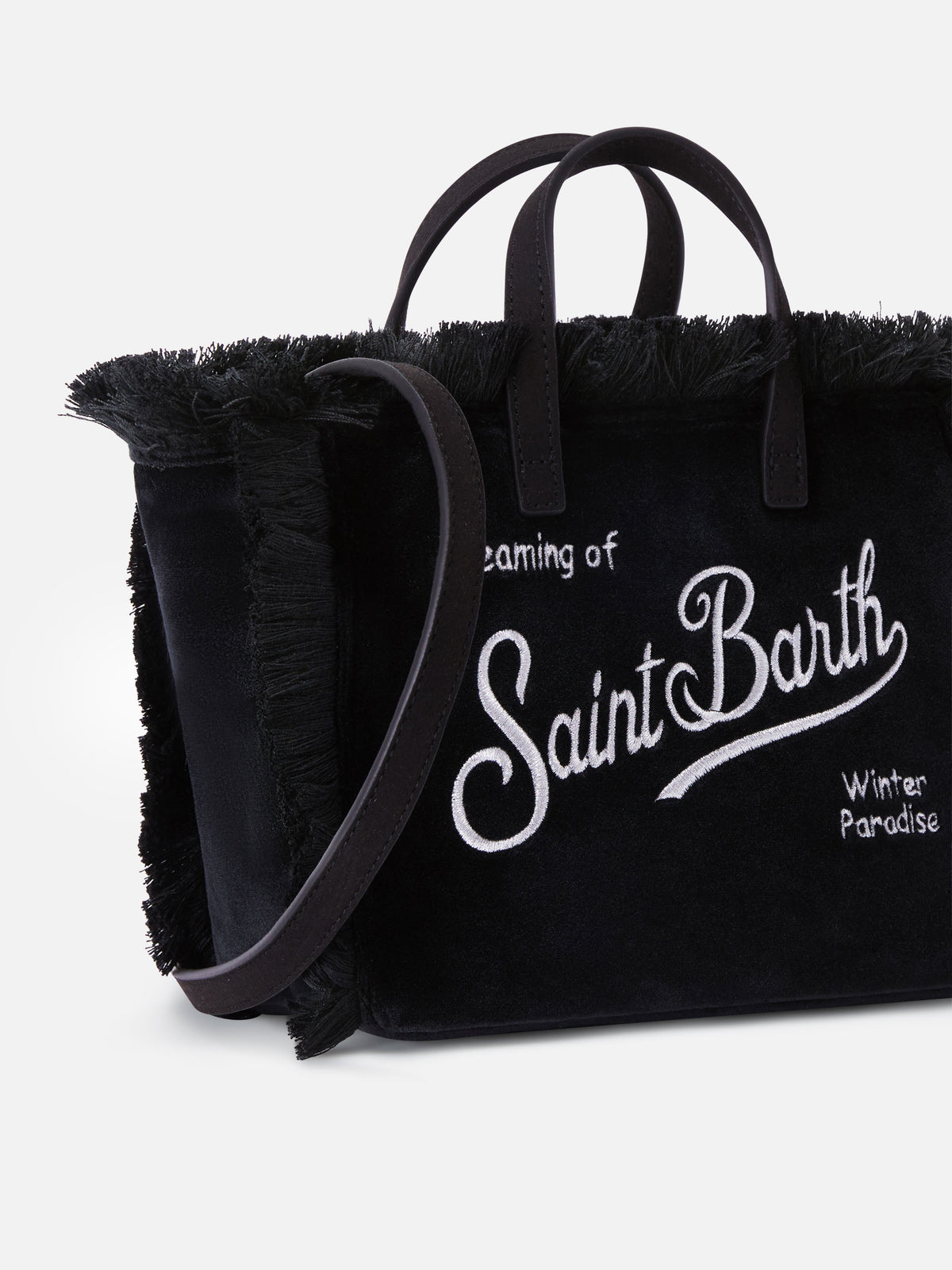 Schwarze Mini-Vanity-Bag aus Samt mit Logostickerei 