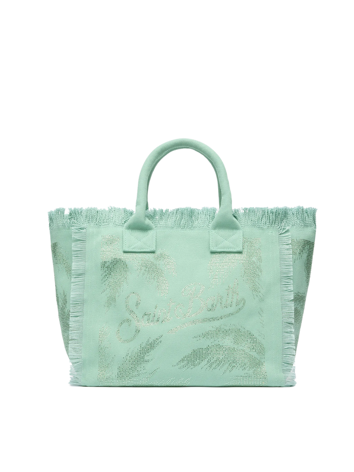 Salbeigrüne Kosmetiktasche aus Baumwollcanvas mit Palmen-Strassverzierung