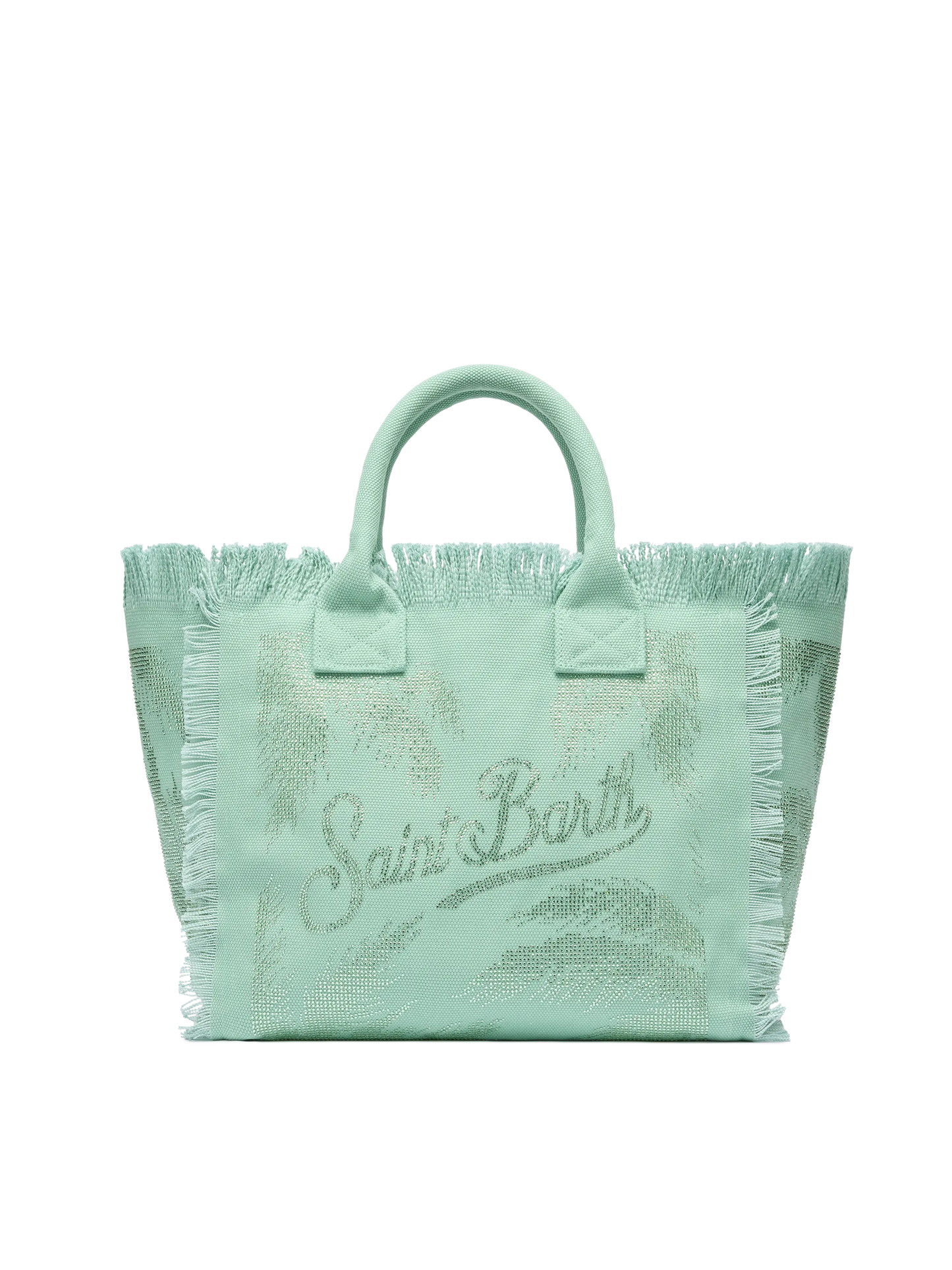 Borsa a spalla Vanity in canvas di cotone verde salvia con decorazioni in strass a forma di palma
