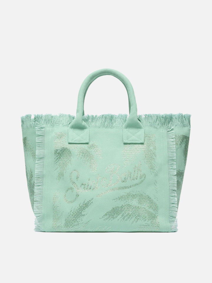 Borsa a spalla Vanity in canvas di cotone verde salvia con decorazioni in strass a forma di palma