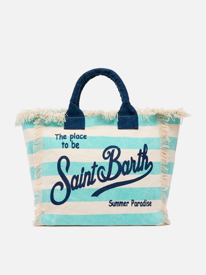 Borsa a spalla Vanity in canvas di cotone con stampa a righe verde acqua