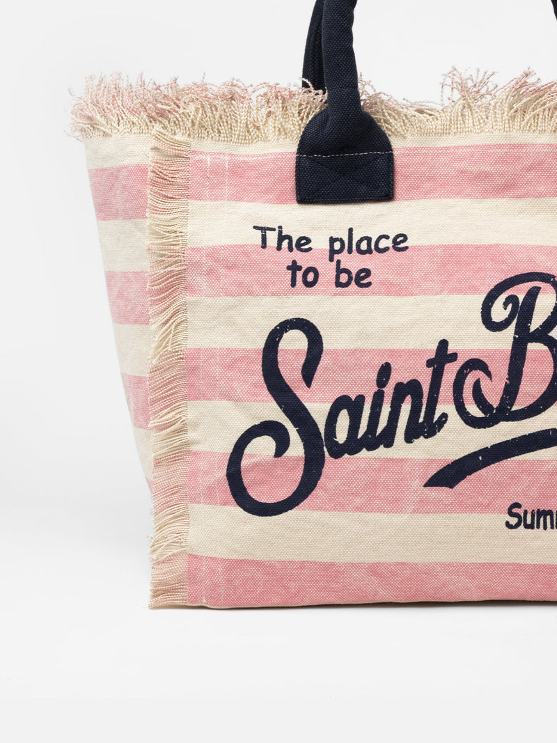 Borsa a spalla Vanity in canvas di cotone con stampa a righe rosa