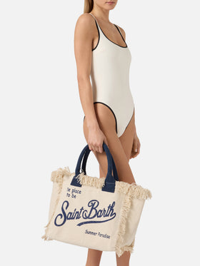 Borsa Vanity regular bianca in canvas con frange