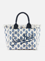 Borsa tote Vanity in tela di cotone a righe indaco con fiori