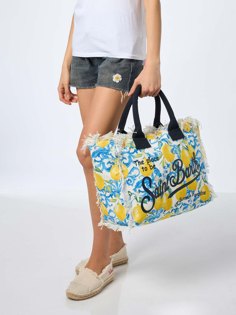 Lemon maiolica cotton canvas Vanity tote bag