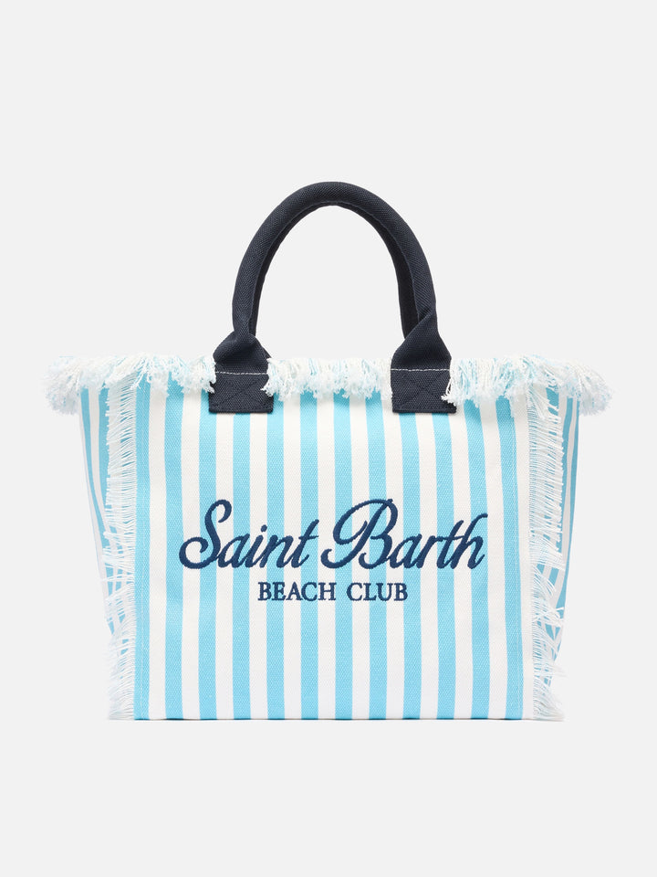 Borsa a spalla Vanity in canvas di cotone con stampa a righe azzurre