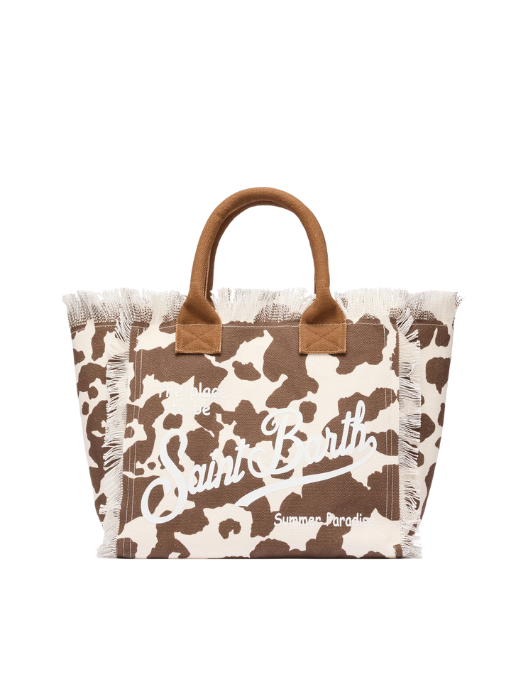Cotton canvas Vanity tote bag with cow skin  print