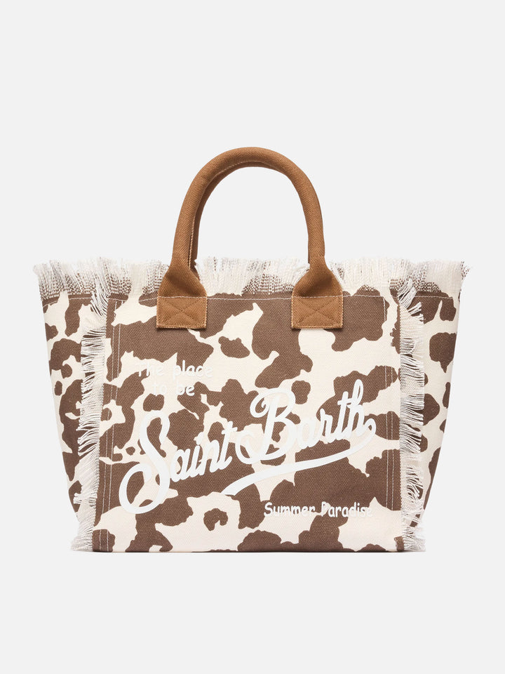 Borsa a spalla Vanity in canvas di cotone con stampa pelle di mucca
