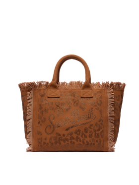 Brown cotton canvas Vanity tote bag with leopard rhinestone embellishment