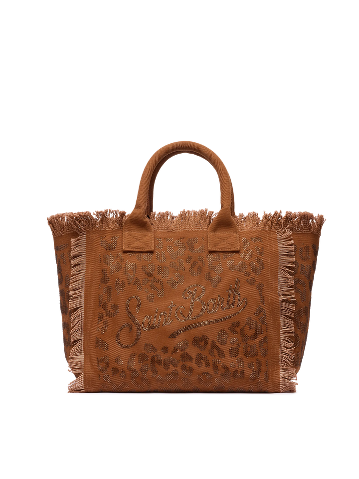 Braune Vanity-Einkaufstasche aus Baumwollcanvas mit Leoparden-Strassverzierung