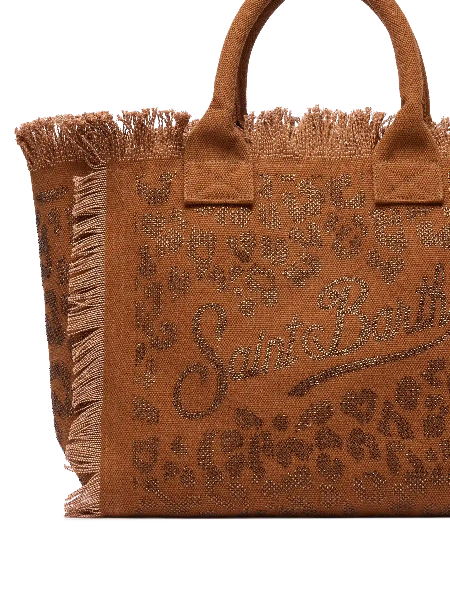 Brown cotton canvas Vanity tote bag with leopard rhinestone embellishment