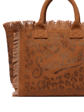 Brown cotton canvas Vanity tote bag with leopard rhinestone embellishment
