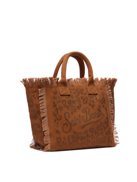 Brown cotton canvas Vanity tote bag with leopard rhinestone embellishment