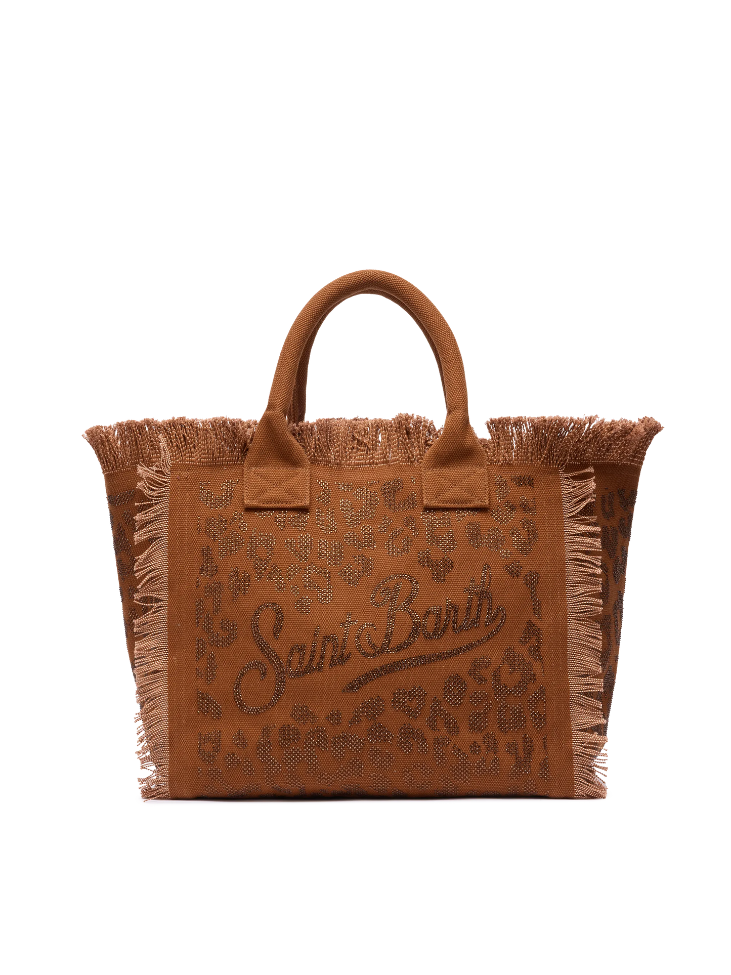 Brown cotton canvas Vanity tote bag with leopard rhinestone embellishment