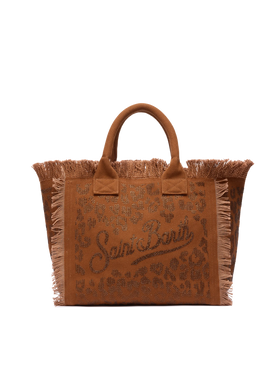 Brown cotton canvas Vanity tote bag with leopard rhinestone embellishment