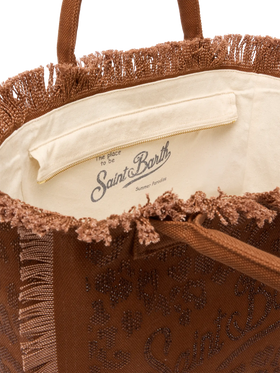 Brown cotton canvas Vanity tote bag with leopard rhinestone embellishment