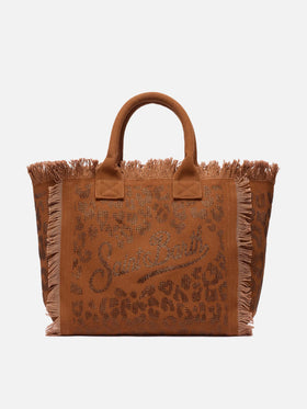 Brown cotton canvas Vanity tote bag with leopard rhinestone embellishment