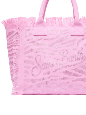 Pink cotton canvas Vanity tote bag with zebra rhinestone embellishment