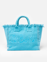 Borsa tote Vanity in tela di cotone azzurro con toppa con logo