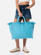 Borsa tote Vanity in tela di cotone azzurro con toppa con logo