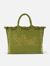 Borsa tote Vanity in tela di cotone verde militare con toppa con logo