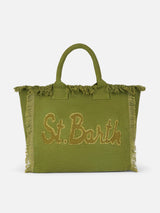 Borsa tote Vanity in tela di cotone verde militare con toppa con logo