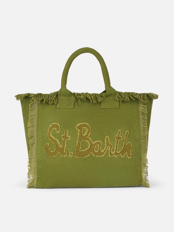 Borsa tote Vanity in tela di cotone verde militare con toppa con logo