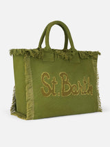 Borsa tote Vanity in tela di cotone verde militare con toppa con logo