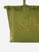 Borsa tote Vanity in tela di cotone verde militare con toppa con logo