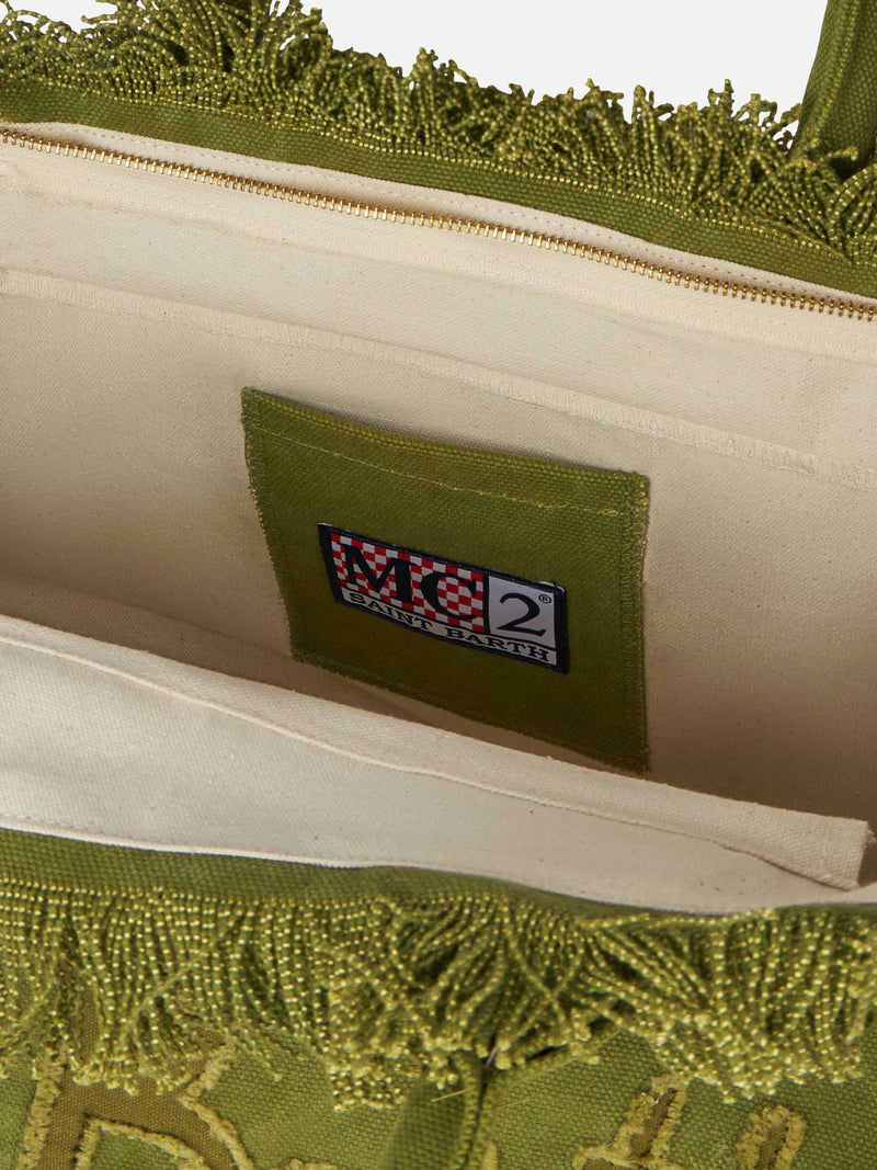 Borsa tote Vanity in tela di cotone verde militare con toppa con logo