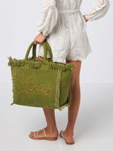 Borsa tote Vanity in tela di cotone verde militare con toppa con logo