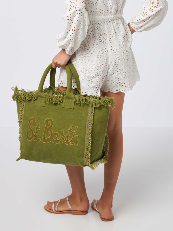 Borsa tote Vanity in tela di cotone verde militare con toppa con logo