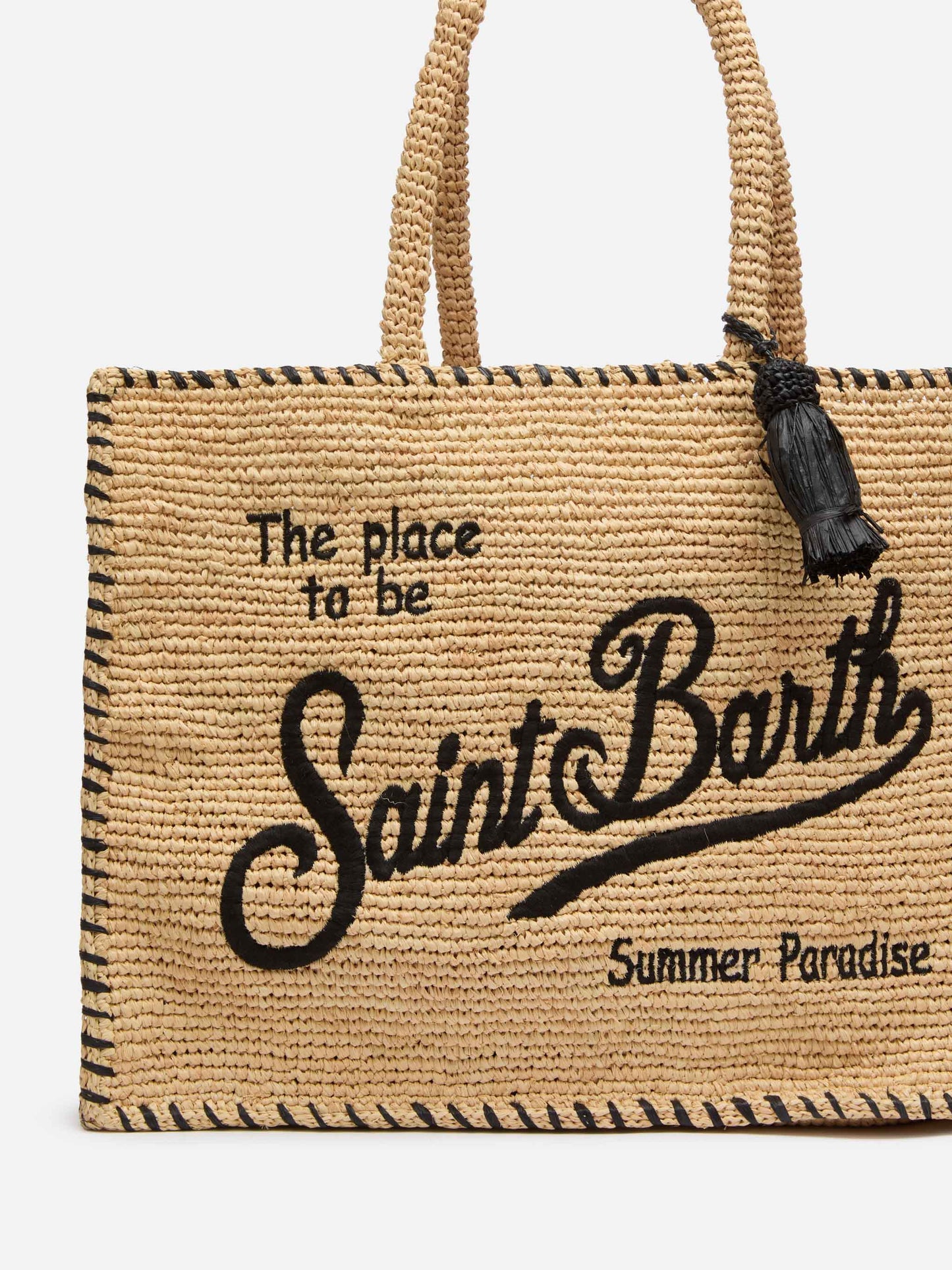 Natural beige Vanity Raffia shoulder bag with black trim
